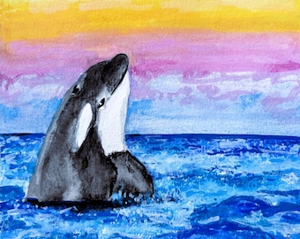 Orca Whale Ocean Sunset Painterly 10.5" Fabric Quilt Block Beach Panel