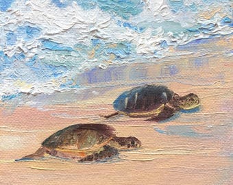 Sea Turtle Babies on Beach Sand Fabric Quilt Block Hawaiian Honu Keiki Coastal Panel