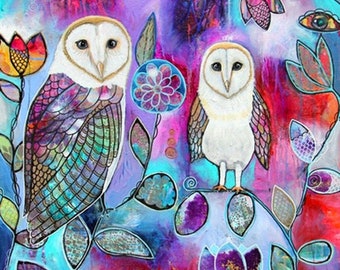 Watercolor Owls Fabric Quilt Square Block ~ Tropical Flowers Colorful Barn Owl Fabric Panel
