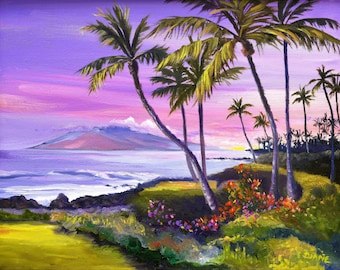 Sunset Along Wailea Beach Path Maui Hawaii Fabric Quilt Square Block Pink Purple Sky Ocean Palm Trees Panel