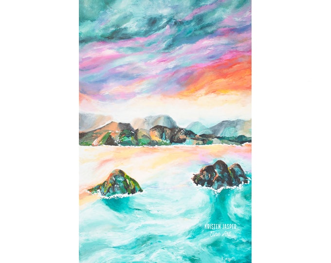 Watercolor Lanikai Beach Hawaii Fabric Quilt Panel Kailua Oahu Sunset Mountains Twin Islands Iconic