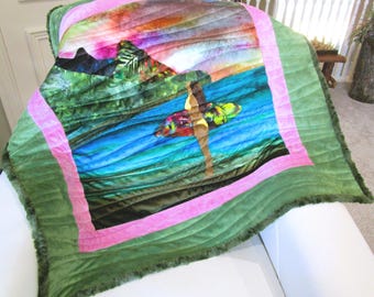 Surfer Girl Quilt Beach Theme Baby Nursery Blanket Luxe Minky Handmade Shower Gift Tropical Surfing Coastal Adult Teen Girls Lap Throw