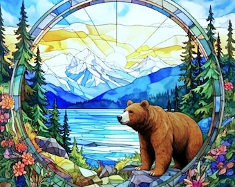 Brown Bear Fabric Panel Wildlife Watercolor Quilt Block Stained Glass Mountain Lake Wildflower Nature Landscape Organic Cotton Quilting