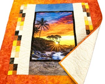 Handmade Tropical Beach Sunset Quilted Wall Hanging or Baby Quilt ~ Hand Painted Orange Yellow Ombre Fabric Border Hawaiian Paradise
