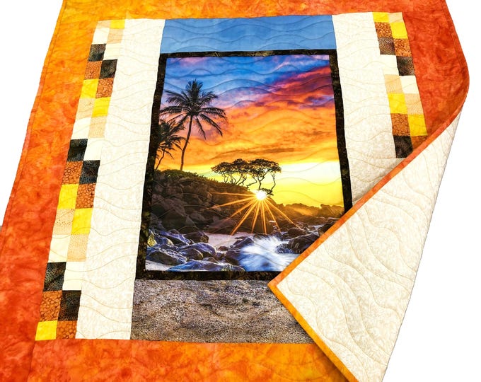 Handmade Tropical Beach Sunset Quilted Wall Hanging or Baby Quilt ~ Hand Painted Orange Yellow Ombre Fabric Border Hawaiian Paradise