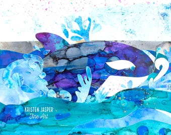 Orca Whale Fabric Quilt Block Ocean Coastal Sewing Material Watercolor Art Cloth Panel Baby Nursery Wall Hanging Design Alcohol Ink Marine