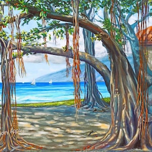 Banyan Tree Heart of Lahaina Fabric Quilt Block Panel Maui Hawaii Landmark Ocean Sailboats