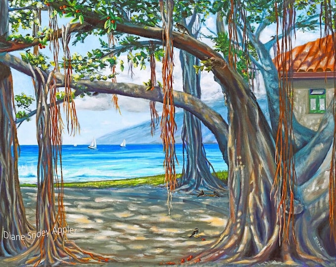 Banyan Tree Heart of Lahaina Fabric Quilt Block Panel Maui Hawaii Landmark Ocean Sailboats