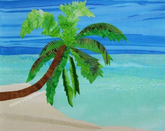 Palm Tree Tropical Beach Fabric Quilt Square, Aqua Ocean Turquoise Water Blue Sky Sand Fabric Panel