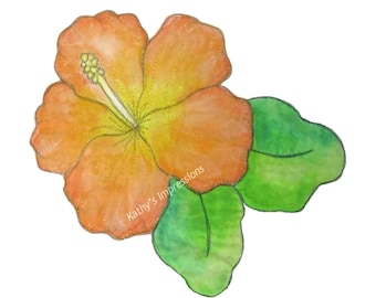 SALE Tropical Peach Orange Hibiscus Flower Fabric Quilt Square Block