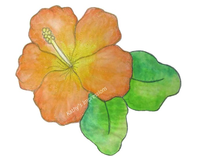 SALE Tropical Peach Orange Hibiscus Flower Fabric Quilt Square Block