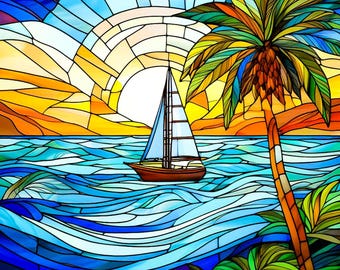 Stained Glass Sailboat Ocean Sunset Palm Tree Watercolor Fabric Quilt Square Coastal Tropical Block Panel