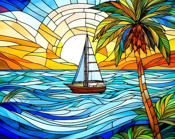 Stained Glass Sailboat Ocean Sunset Palm Tree Watercolor Fabric Quilt Square Coastal Tropical Block Panel