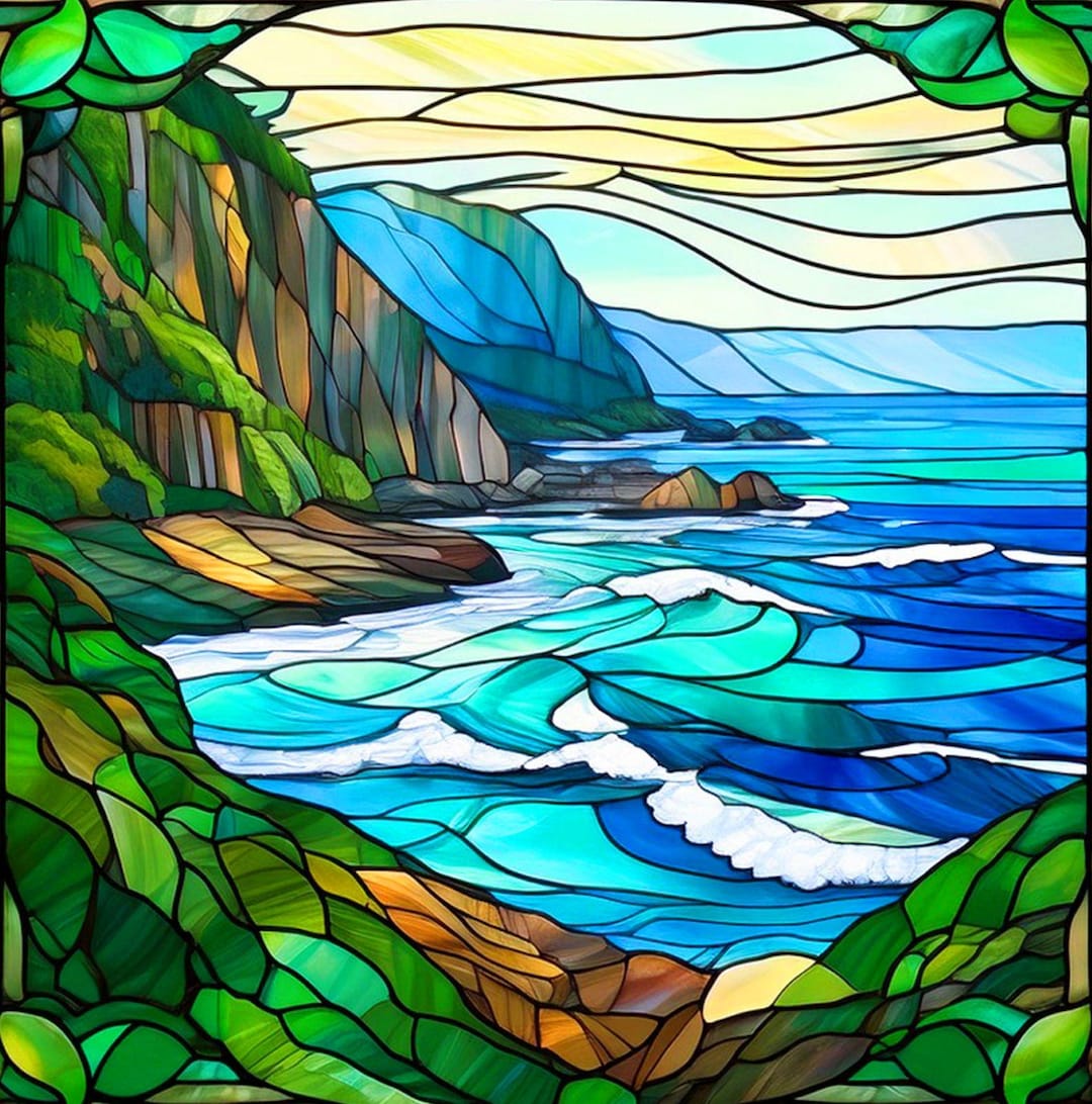 Stained Glass Na Pali Coast Fabric Quilt Block Watercolor