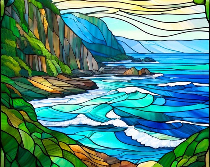 Stained Glass Na Pali Coast Kauai Hawaii Fabric Quilt Block Square Mountains Beach Coastline Watercolor Ocean Waves Kaua'i Garden Isle Panel