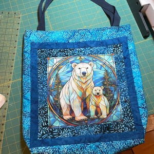 Wildlife Fabric Panel Stained Glass Polar Bear Mama Baby Nature Art Quilt Block Square Organic Cotton Textile Wall Hanging Nursery Decor Fractured Design Perfect Craft Project Beautiful Animal Artwork Baby Shower Gift