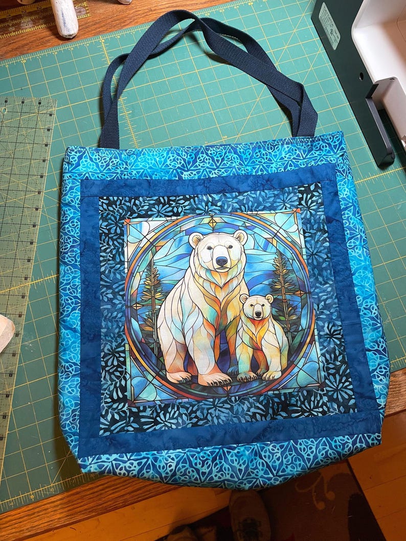 Wildlife Fabric Panel Stained Glass Polar Bear Mama Baby Nature Art Quilt Block Square Organic Cotton Textile Wall Hanging Nursery Decor Fractured Design Perfect Craft Project Beautiful Animal Artwork Baby Shower Gift