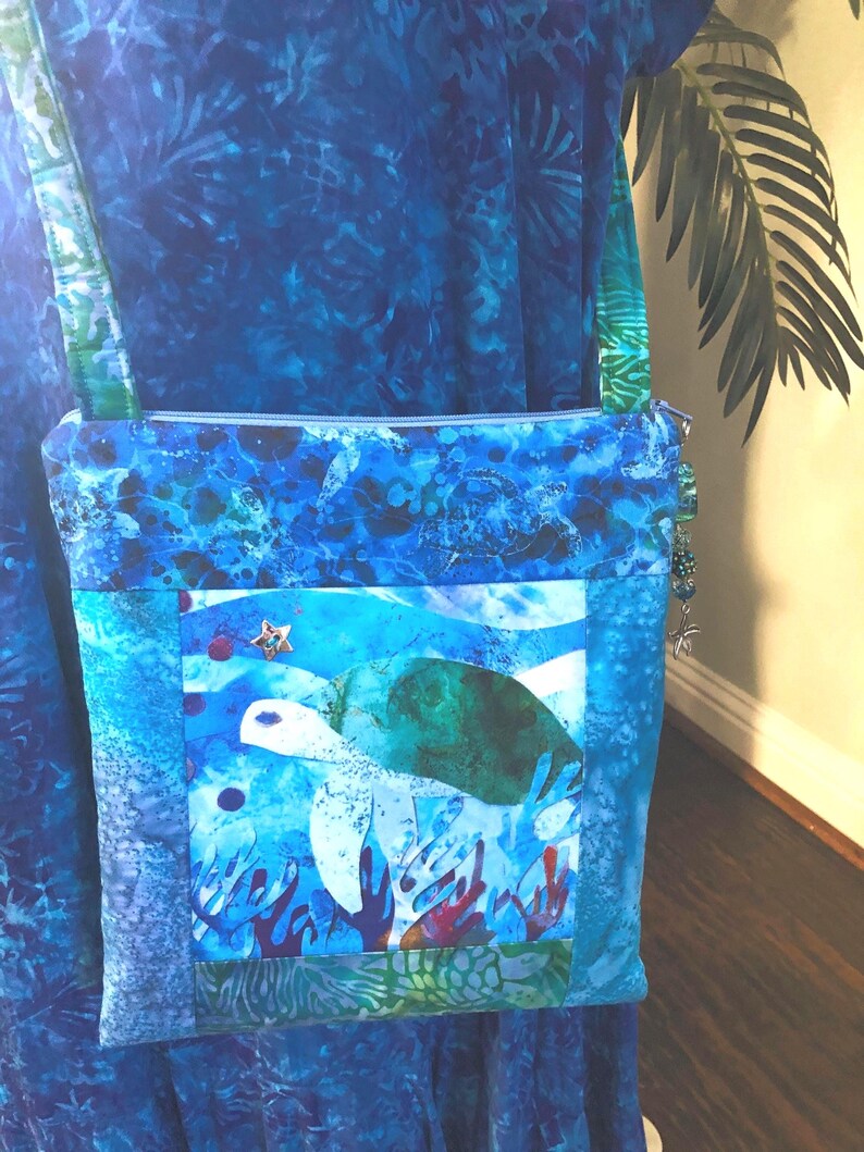 Tropical Beach Fabric Panel Sea Turtle Honu Design Coral Reef Underwater Scene Organic Cotton Quilting Square Aqua Turquoise Blue Green Navy Purple Colors Beautiful Marine Theme Sewing Project Material Perfect Wall Hanging Art Coastal Craft