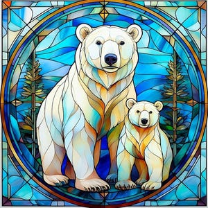 Stained Glass Fabric Panel Polar Bear Art Mama Baby Wildlife Nature Quilt Block Square Fractured Design Nursery Wall Hanging Organic Cotton Textile Perfect Quilting Project Ready Sewing Panel Craft Supply Nature Lover Gift Beautiful Animal