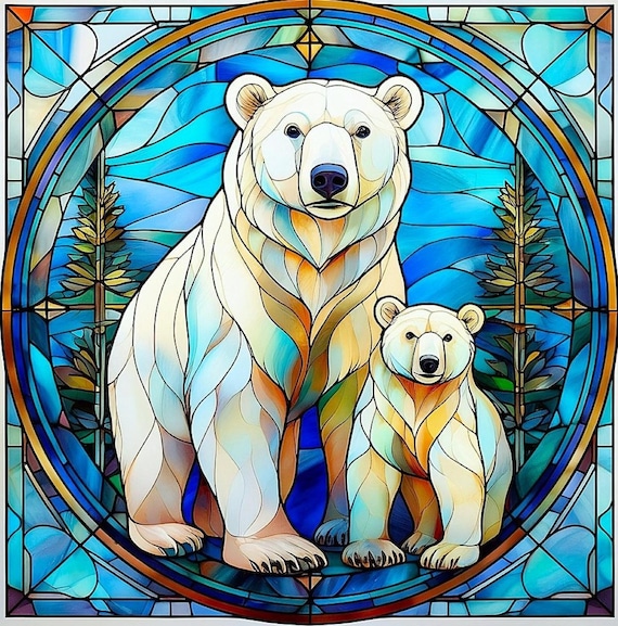 Stained Glass Polar Bear Fabric Panel Art Mama Baby Wildlife Nature Fabric Quilt Block for Wall Hanging Square Watercolor Fractured Design
