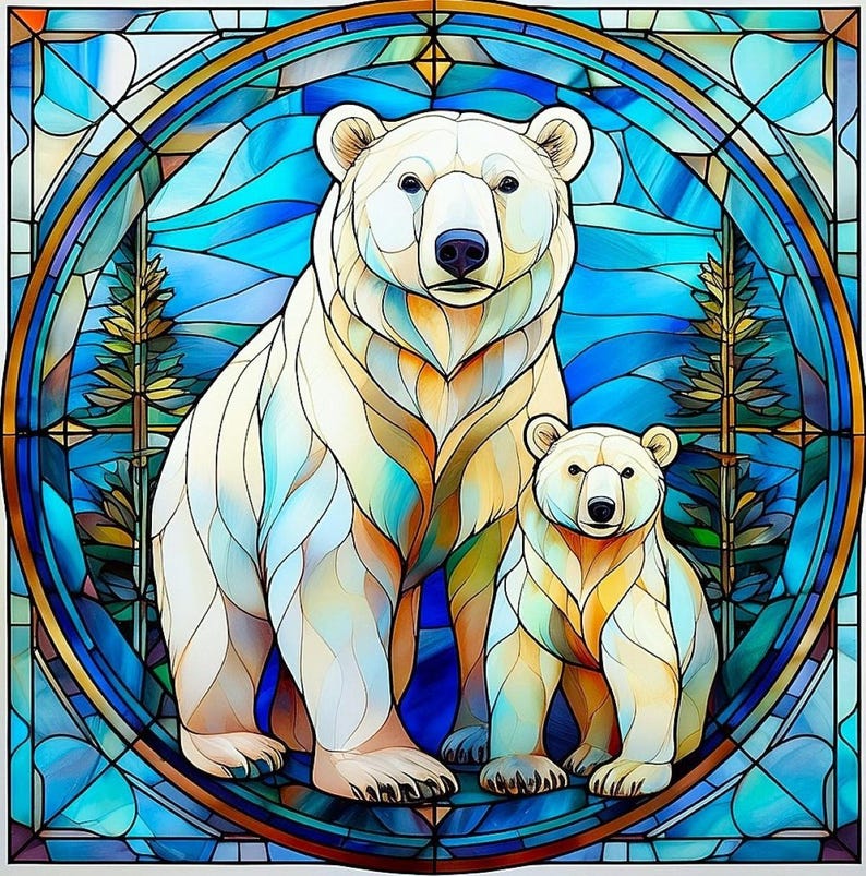 Stained Glass Fabric Panel Polar Bear Art Mama Baby Wildlife Nature Quilt Block Square Fractured Design Nursery Wall Hanging Organic Cotton Textile Perfect Quilting Project Ready Sewing Panel Craft Supply Nature Lover Gift Beautiful Animal