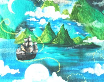 SALE Tropical Islands Watercolor Fabric Quilt Square Hawaii Bali Hai Tahiti Caribbean Panel Ocean Mountains Peter Pan Pirate Ship