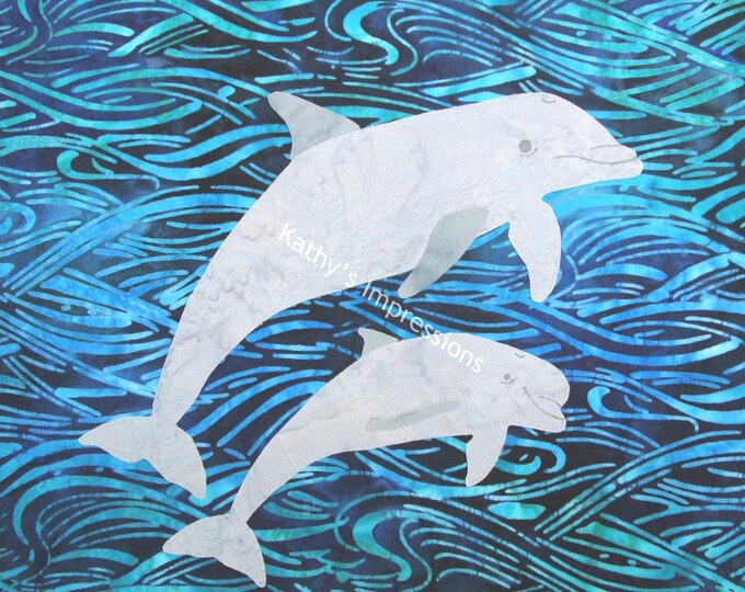 Mama and Baby Dolphin Swimming Fabric Quilt Block Blue Ocean Coastal Beach Sea Life Cotton or Velvet Square Panel