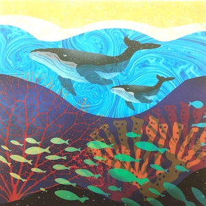 Humpback Whales Ocean Fabric Quilt Block Fish Coral Reef Waves Beach Under the Sea Panel