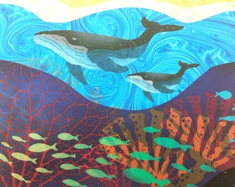 Humpback Whales Ocean Fabric Quilt Block Fish Coral Reef Waves Beach Under the Sea Panel