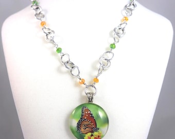 Artisan Butterfly Beaded Glass Pendant Necklace Green Orange Kamehameha Hawaii