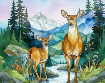 Watercolor Deer Fabric Quilt Block Wildlife Doe Fawn Mountain Pine Trees Stained Glass Organic Cotton Panel Nursery Nature Quilting Sewing