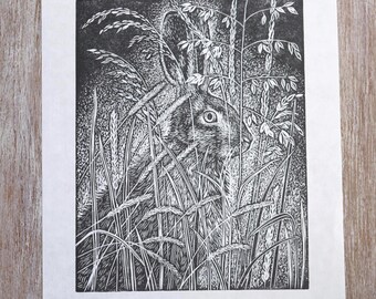 Hare Lino Print, Black Ink, Limited Edition British Wildlife Art