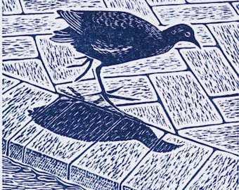 Moorhen Linocut Print, Urban Bird Art, Signed Original Blue Ink on Hosho Paper