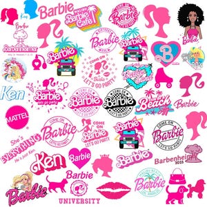 Op de afbeelding: Een verzameling roze en witte Barbie-thema afbeeldingen. De ontwerpen bevatten het Barbie-logo, silhouetten, een jeep en tekst zoals "Malibu Barbie Cafe", "Let's Go Party" en "Barbenheimer 2023".