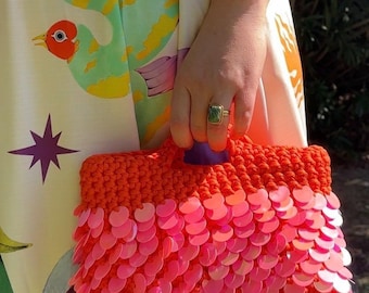 pink and orange crochet sequin clutch