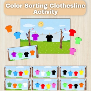Puede incluir: Una actividad de clasificación de colores con un tendedero con camisetas coloridas. La imagen incluye un cielo soleado, hierba verde y el texto "Color Sorting Clothesline Activity" y "Instant Download".