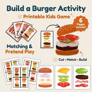 Peut inclure: Jeu imprimable pour enfants "Build a Burger Activity" avec des ingrédients de burger : pains, galettes et légumes. Le jeu encourage l'association et le jeu de rôle, avec six pages incluses. L'image montre les composants.