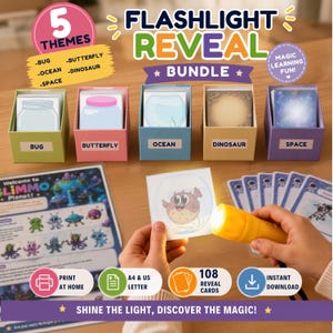 May include: A Flashlight Reveal Bundle educational game set featuring five colorful storage boxes labeled Bug, Butterfly, Ocean, Dinosaur, and Space. Includes 108 reveal cards, a yellow flashlight, and a printable Slimmo Planet activity sheet.