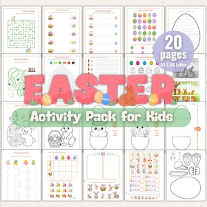 Peut inclure: Un ensemble de 20 pages d'activités sur le thème de Pâques pour enfants. Les pages comprennent des labyrinthes, des coloriages, des jeux d'association et des exercices de traçage. Le texte "Easter Activity Pack for Kids" est affiché, avec le mot "Easter" en grandes lettres.