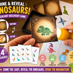 Puede incluir: Un juego de descubrimiento con linterna, titulado "SHINE & REVEAL DINOSAURS!". El juego incluye tarjetas con ilustraciones de dinosaurios que se revelan al iluminarlas con una linterna. La imagen también muestra una hoja con 24 ilustraciones de dinosaurios.