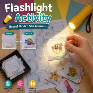 May include: A children's activity set featuring the text "Flashlight Activity" and "Reveal Hidden Sea Animals". It includes a yellow torch, printed cards with sea creature illustrations, and a grid of empty fishbowls. The activity is designed for children.