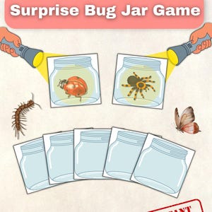 Può includere: Un gioco illustrato con il titolo "Surprise Bug Jar Game". L'immagine mostra disegni di insetti, tra cui una coccinella e un ragno, all'interno di barattoli. Le parole "Instant Download" sono anche visibili.