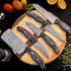 Handmade D2 Steel Chef Set with Leather Roll, Hand Forged Kitchen Knife Set, Damascus Chef Sets, Gift for HIM, Damascus Chef Knives