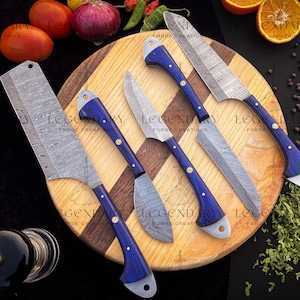 Luxury Indigo Damascus Chef Knives, Handmade D2 Steel Chef Set with Leather Roll, Hand Forged Kitchen Knife Set, Damascus Chef Sets