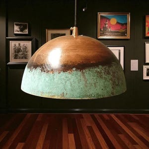 Handmade Copper Pendant Light: Green Patina Dome, Rustic Farmhouse Style