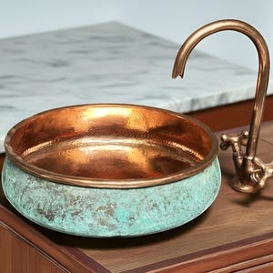 Green Patina Copper Washbasin, Oxidized Copper Sink Bathoom , Hammered Copper Sink, Bathroom Green copper sink, Olive Green Sink