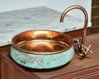 Green Patina Copper Washbasin: Handmade Oxidized Bathroom Sink