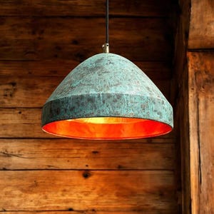 Long Cylinder Patina Copper Pendant Light, Handmade Industrial Hanging Lamp Vintage Farmhouse Ceiling Fixture, copper oxidized pendant light
