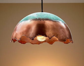 Oxidized Copper Pendant light - Handmade Industrial Dome Light - Green Copper Pendant Light, Green patina pendant lights, Oxidized lighting