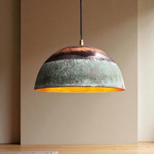 Handmade Copper Pendant Light: Green Patina Dome, Rustic Farmhouse Lighting